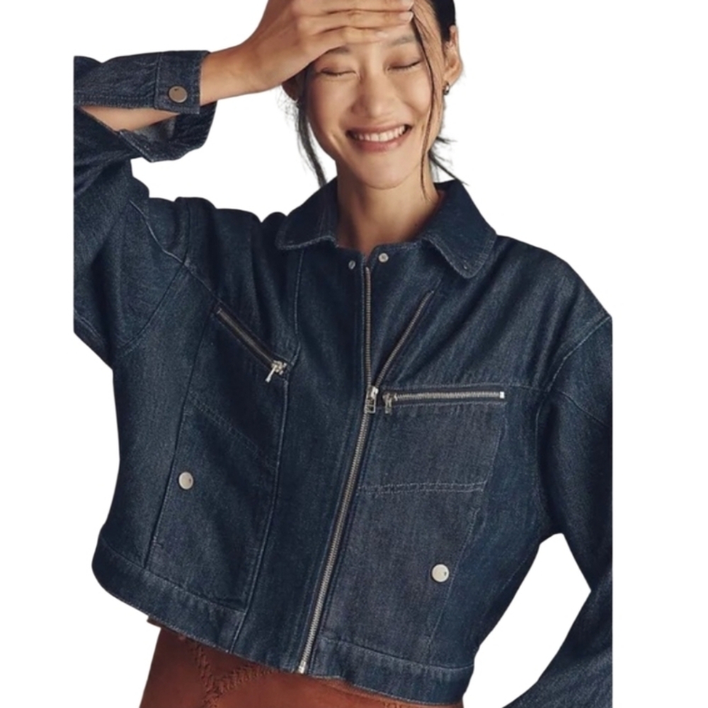 PILCRO $128 Dark Blue Denim Jean Jacket with Zip Pockets NWT New Never Used FALL - Picture 2 of 5